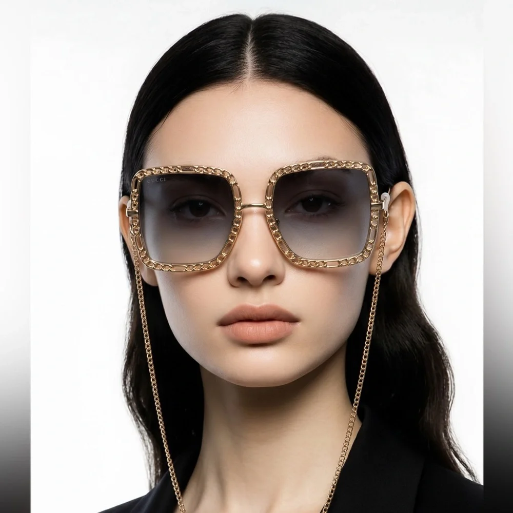 New Authentic Gucci Sunglasses Women's GG1033S 002 Gold Necklace Chain 57-21-215